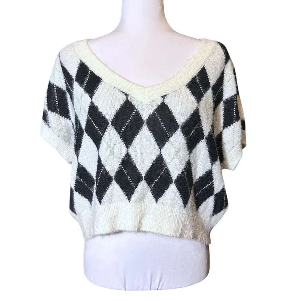 Free People SM Through The Motions Vest Cream Black Eyelash Knit V Neck Argyle